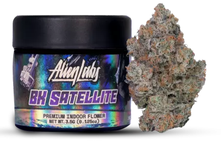 An image of Alien Labs BK Satellite flower. The jar is black with a holographic label. The Alien Labs flower has rich purple undertones, frosty trichomes, and prominent orange pistils.