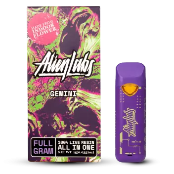 An Alien Labs Gemini disposable vape. The Alien Labs live resin disposable is compact and rich purple, with futuristic, psychedelic packaging.