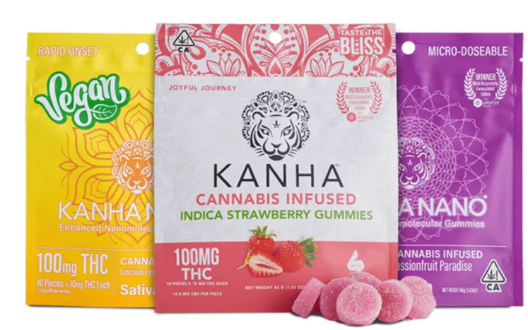 Three packages of KANHA gummies. The KANHA edibles showcase KANHA’s most popular cannabis products.