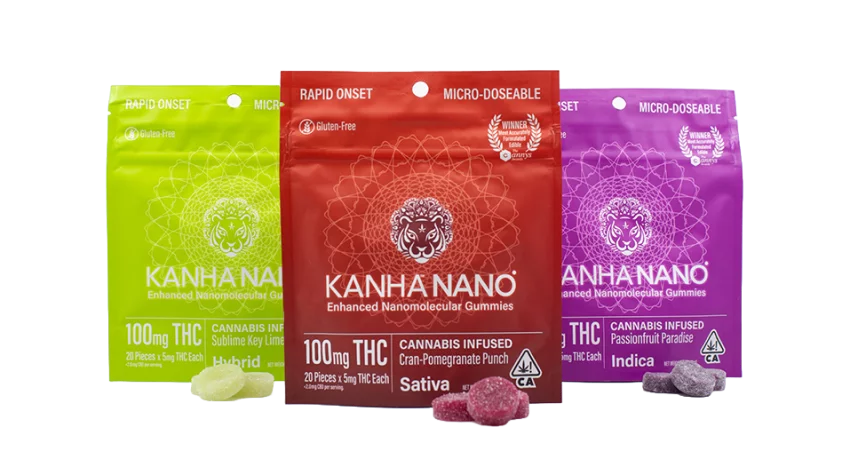 Three packages of KANHA Nano gummies. The fast-acting 5mg gummies come in several delicious flavors, perfect for cannabis microdosing.