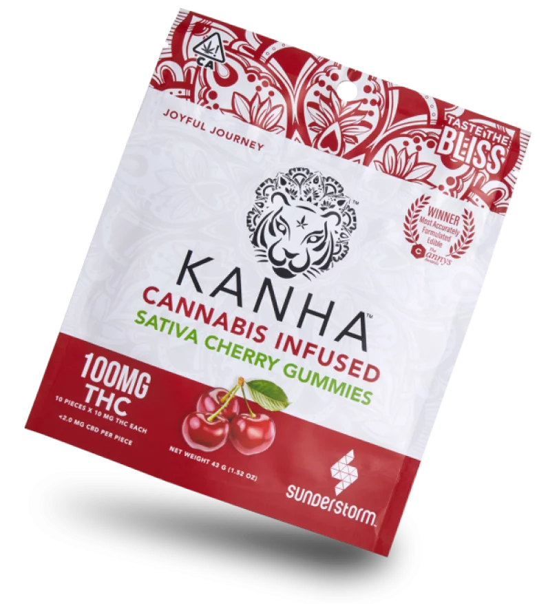 A Package of KANHA gummies. The KANHA edibles are cherry flavored and contain 10mg of THC.