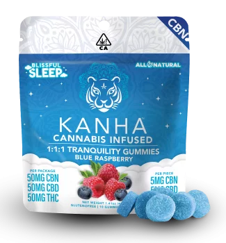 A package of blue raspberry flavored KANHA tranquility gummies. Each KANHA CBD gummy contains 5mg each of CBN, CBD, and THC.