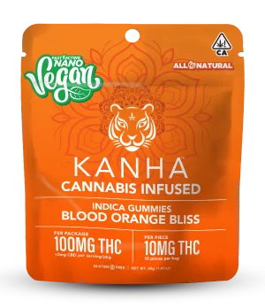 A package of KANHA gummies. The KANHA edibles are blood orange-flavored and contain 10mg THC each.