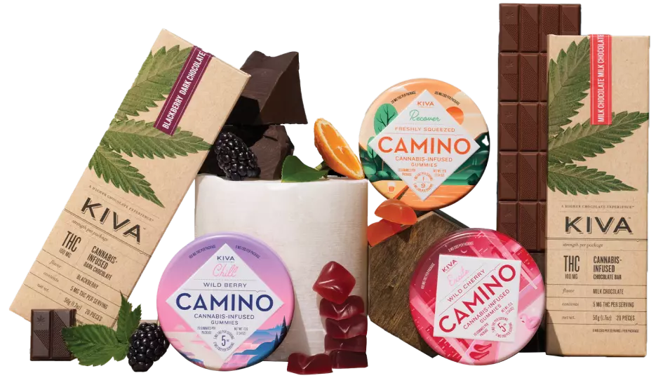 A showcase of Kiva edibles, including Kiva chocolate, Kiva Camino gummies, and Kiva Terra Bites.