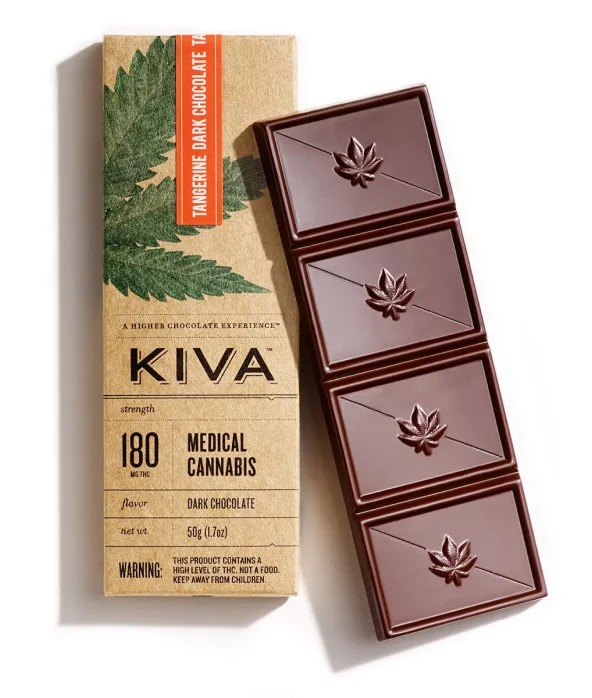 A Kiva chocolate bar infused with cannabis. This dark chocolate Kiva bar contains is separated into four equal servings.