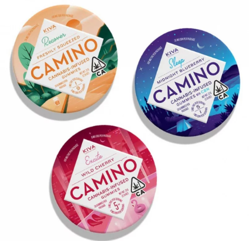 Three Kiva Camino gummy tins. The Kiva Camino gummies come in three curated cannabis blends for sleep, recovery, and excitement.