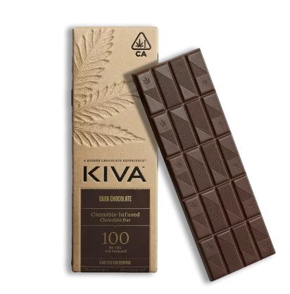 A large Kiva chocolate bar. This dark chocolate Kiva bar is divided into convenient portions and comes in a natural, botanically-inspired sleeve.