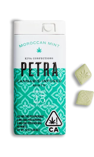 A package of low-dose Kiva mints. These cannabis-infused Kiva edibles contain 2.5mg THC each and come in a sweet, refreshing Moroccan Mint flavor.