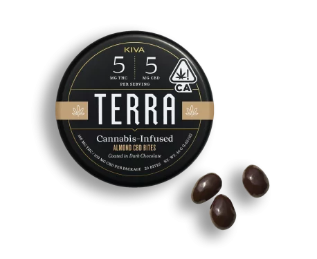 A tin of Kiva Terra Bites. These Kiva chocolates are a delicious, convenient, and balanced way to enjoy Kiva cannabis products.