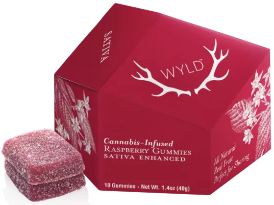 A package of Wyld gummies. These Wyld raspberry gummies come in a deep pink box and are made with all-natural ingredients.