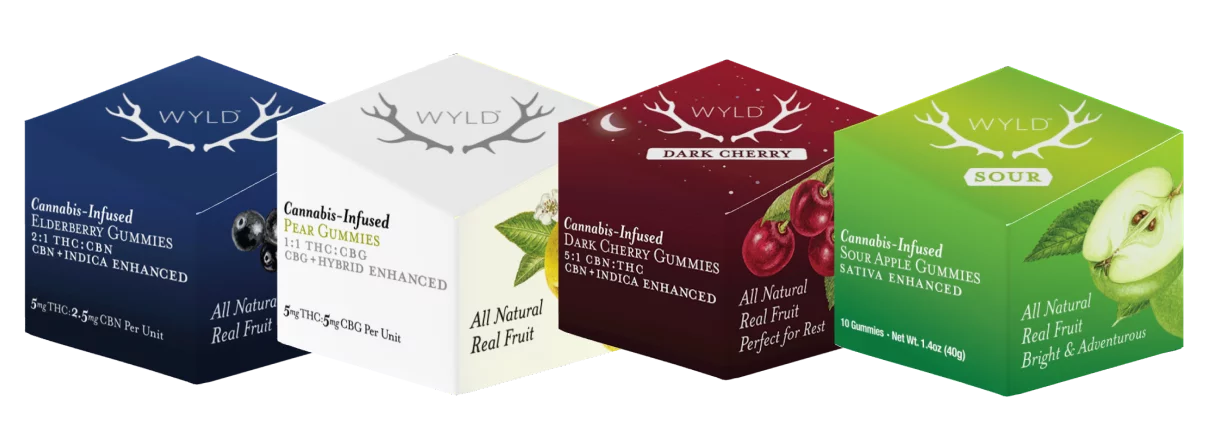 Four boxes of Wyld gummies. This lineup of Wyld edibles includes Wyld Elderberry gummies, Wyld Pear gummies, Wyld Dark Cherry gummies, and Wyld Sour Apple gummies.