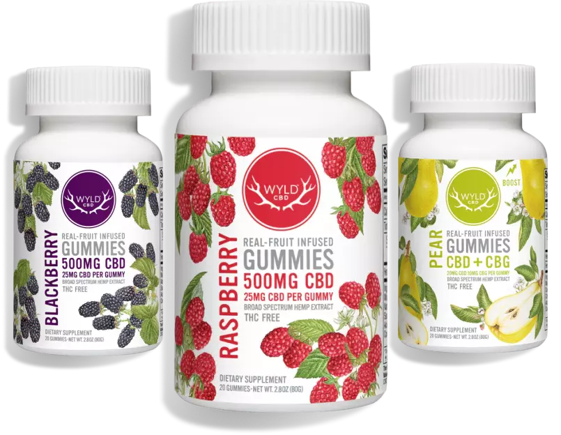 Three bottles of Wyld gummies. These hemp-infused Wyld edibles include Wyld Blackberry gummies, Wyld raspberry gummies, and Wyld pear gummies in larger containers.