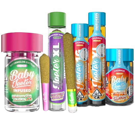 A lineup of Jeeter cannabis products, including Baby Jeeter prerolls and Jeeter infused prerolls.