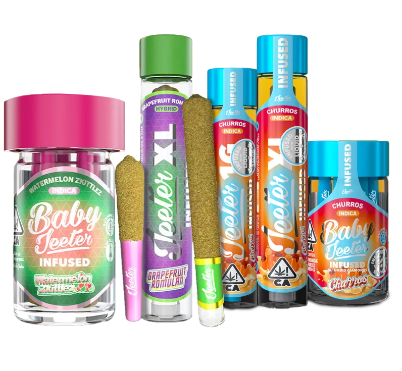 A lineup of Jeeter cannabis products, including Baby Jeeter prerolls and Jeeter infused prerolls.