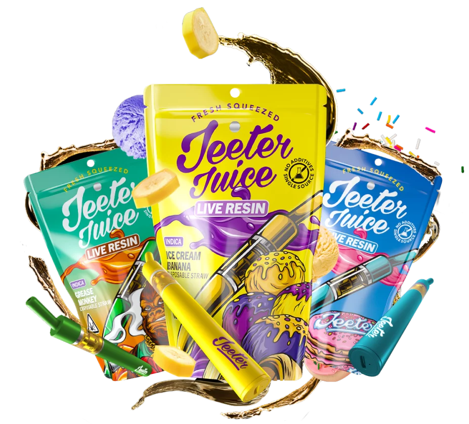 Several Jeeter Juice disposable vapes. The Jeeter Juice carts are filled with Jeeter Juice live resin for a flavorful, potent cannabis experience.